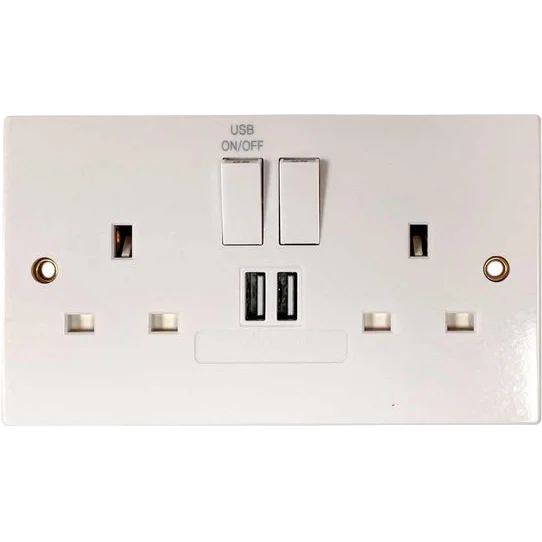Square Edged Double Switched Socket with 2 x USB Ports White