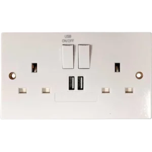 Sqare Edged Double Switched Socket with 2 x USB Ports White