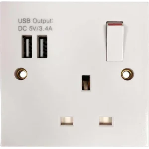 Square Edged Single Switched Socket With 2 x USB Ports White